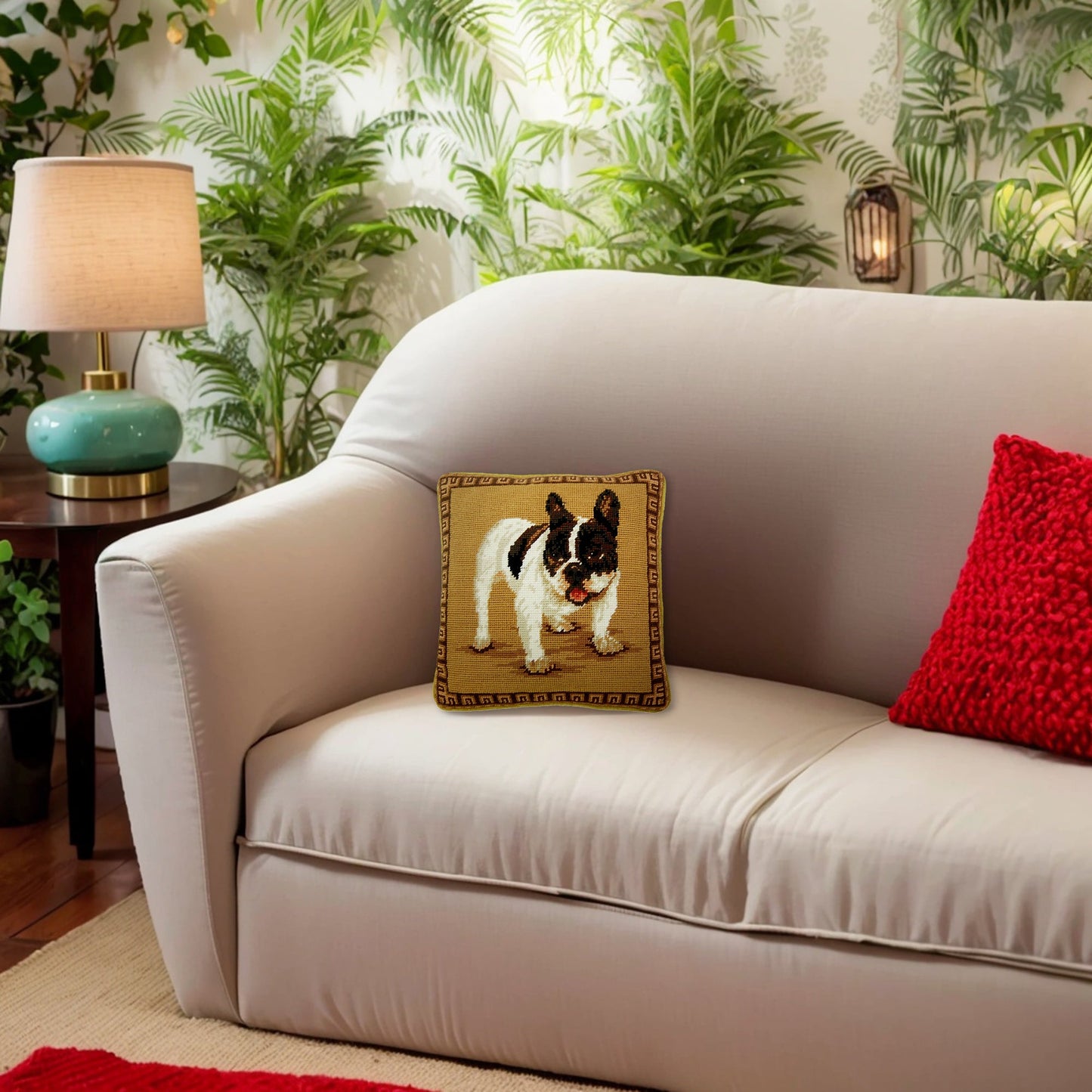 Handmade Wool Needlepoint Pillow Cover - Decorative Throw Cushion Cover - Vintage Floral Embroidery Design on Bulls eyes & nose rest grosspoint