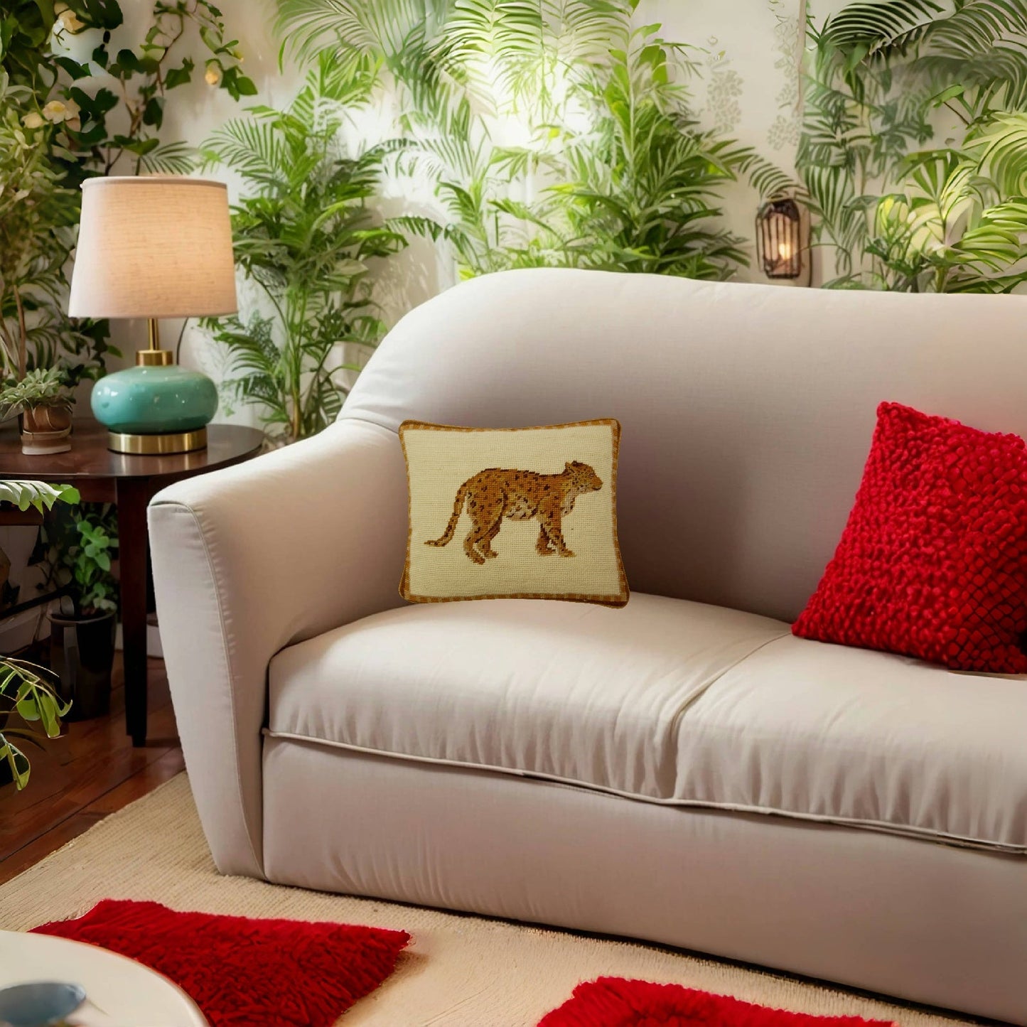 Handmade Wool Needlepoint Pillow Cover - Decorative Throw Cushion Cover - Vintage Floral Embroidery Design on Leop face rest grosspoint