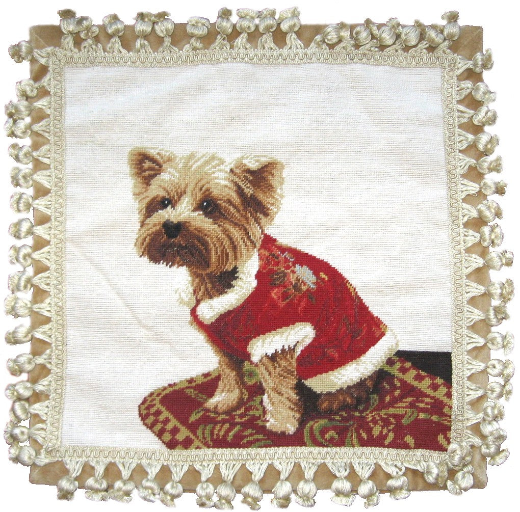Needlepoint Hand-Embroidered Wool Throw Pillow Exquisite Home Designs Yorkie in red dress with tassels