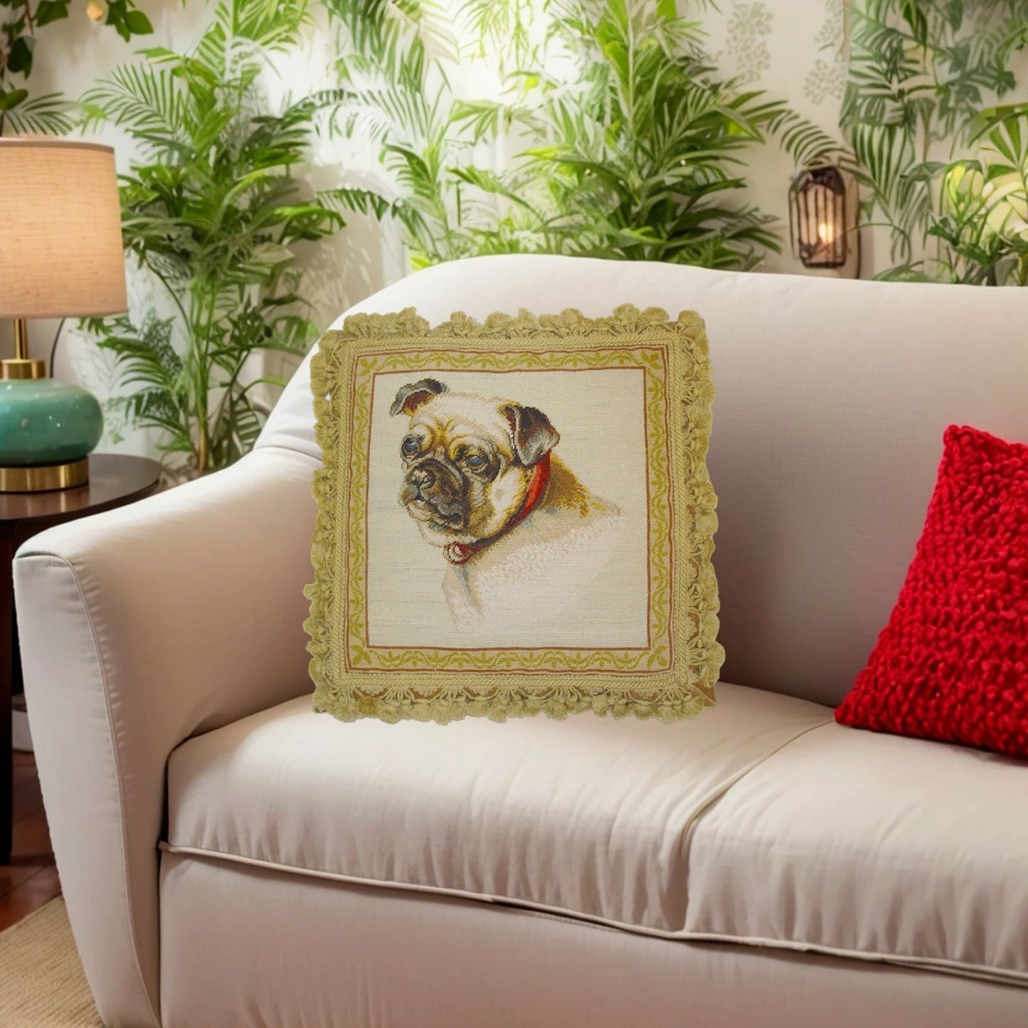 Handmade Wool Needlepoint Pillow Cover - Decorative Throw Cushion Cover - Vintage Floral Embroidery Design Pug dog nature background