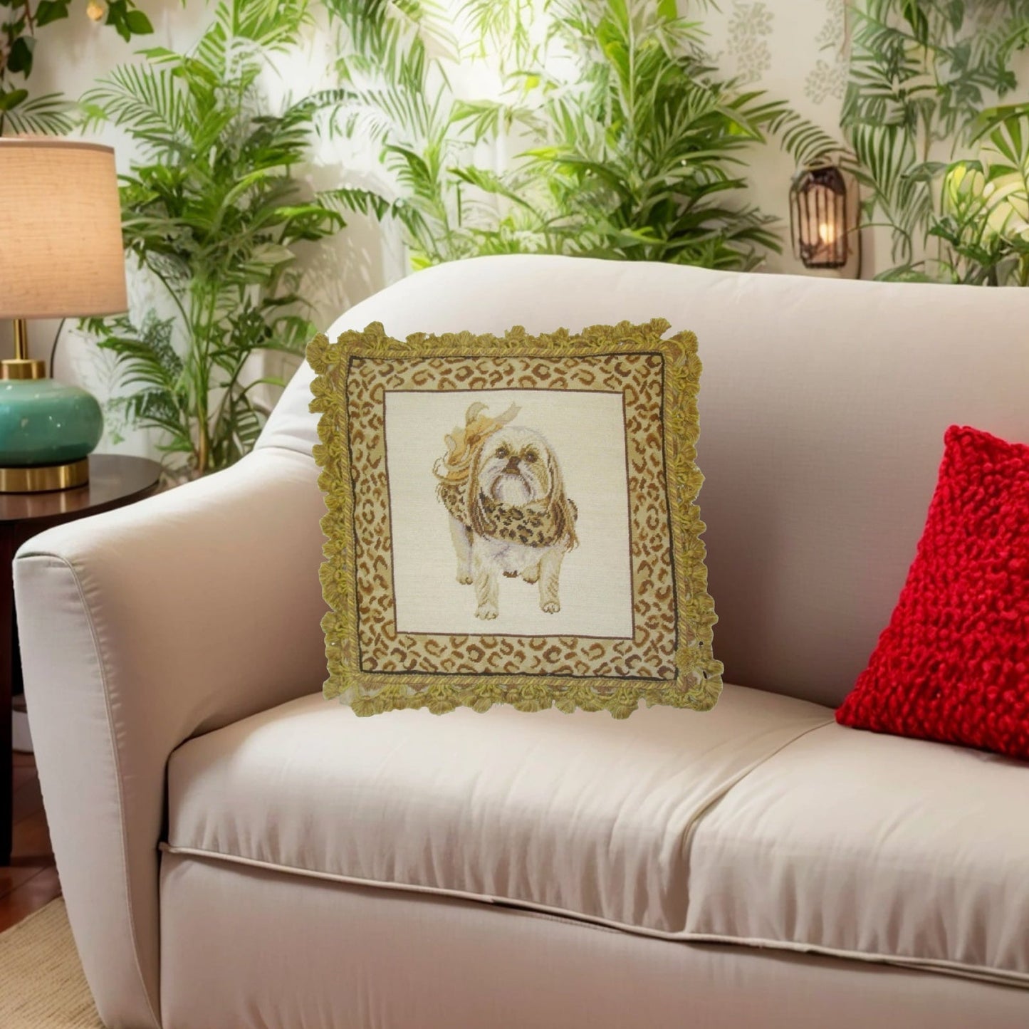 Handmade Wool Needlepoint Pillow Cover - Decorative Throw Cushion Cover - Vintage Floral Embroidery Design Shih-Tzu ware the animal print scarf with 2 color tassel