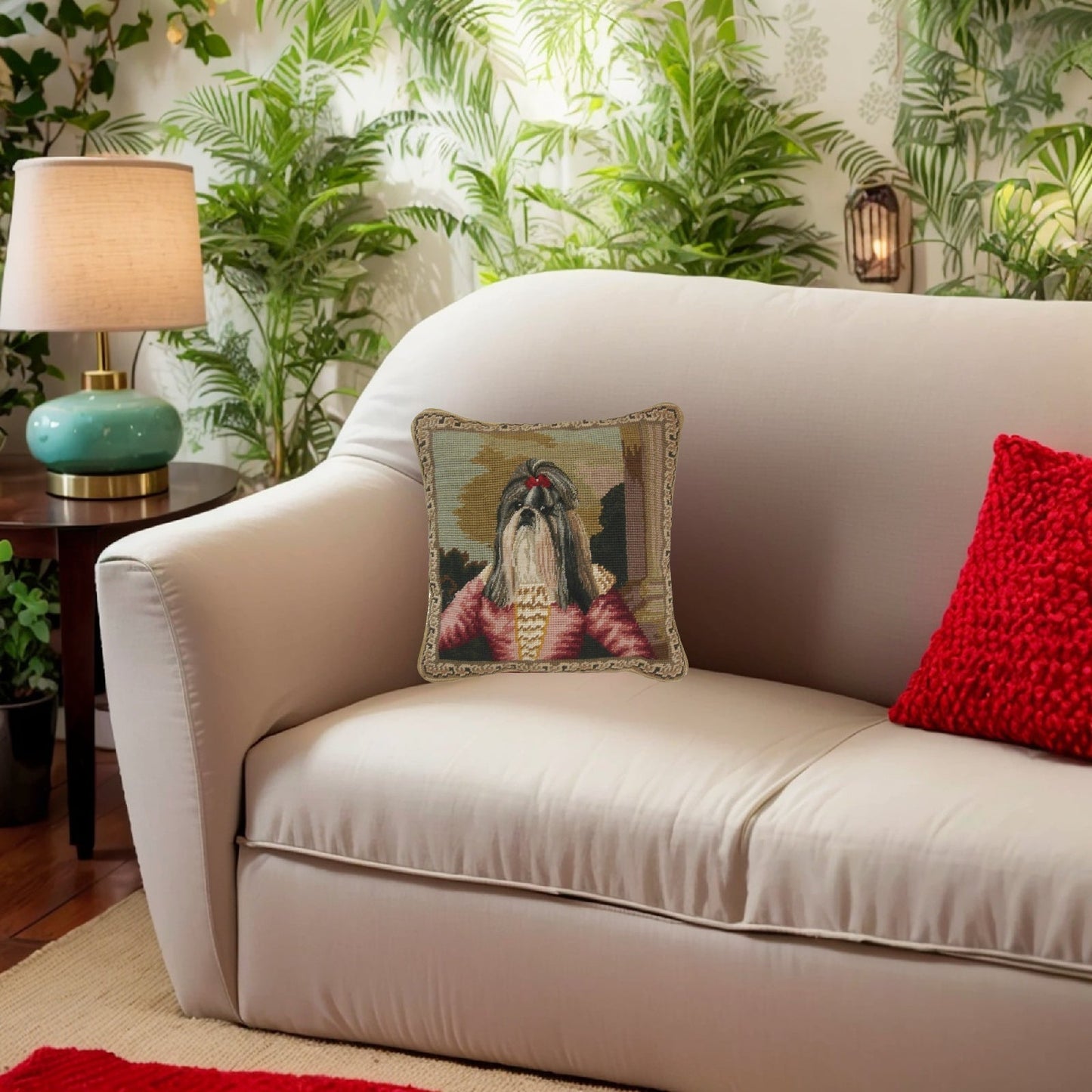 Handmade Wool Needlepoint Pillow Cover - Decorative Throw Cushion Cover - Vintage Floral Embroidery Design Shih Tzu background grosspoint