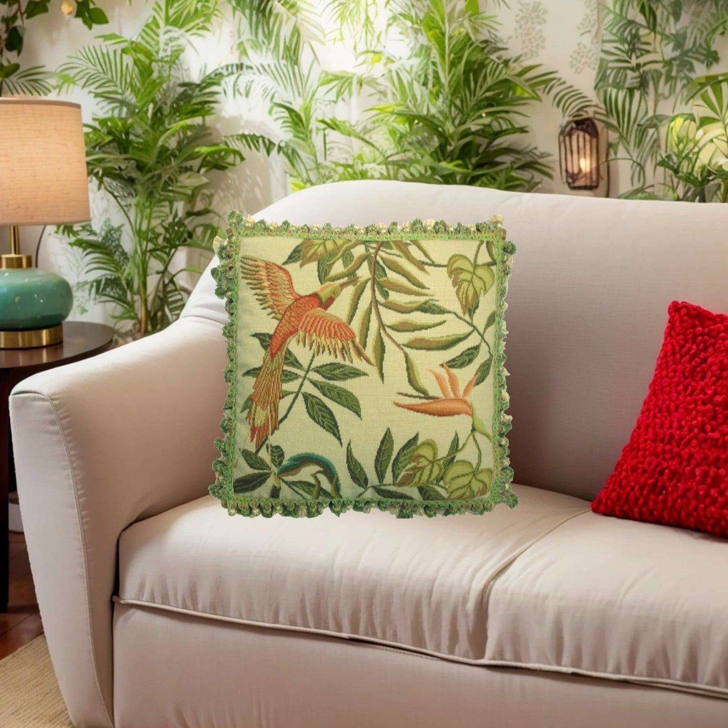 Handmade Wool Needlepoint Pillow Cover - Decorative Throw Cushion Cover - Vintage Floral Embroidery Design birds of Paradise with tassel 1