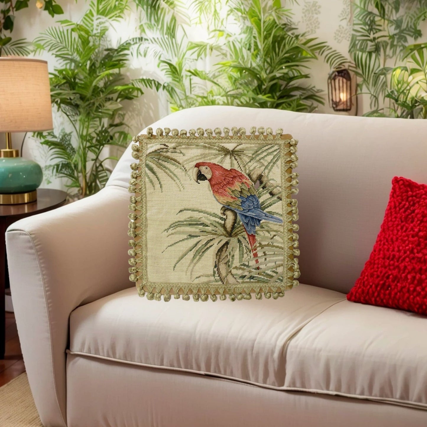 Handmade Wool Needlepoint Pillow Cover - Decorative Throw Cushion Cover - Vintage Floral Embroidery Design parrot with tassels