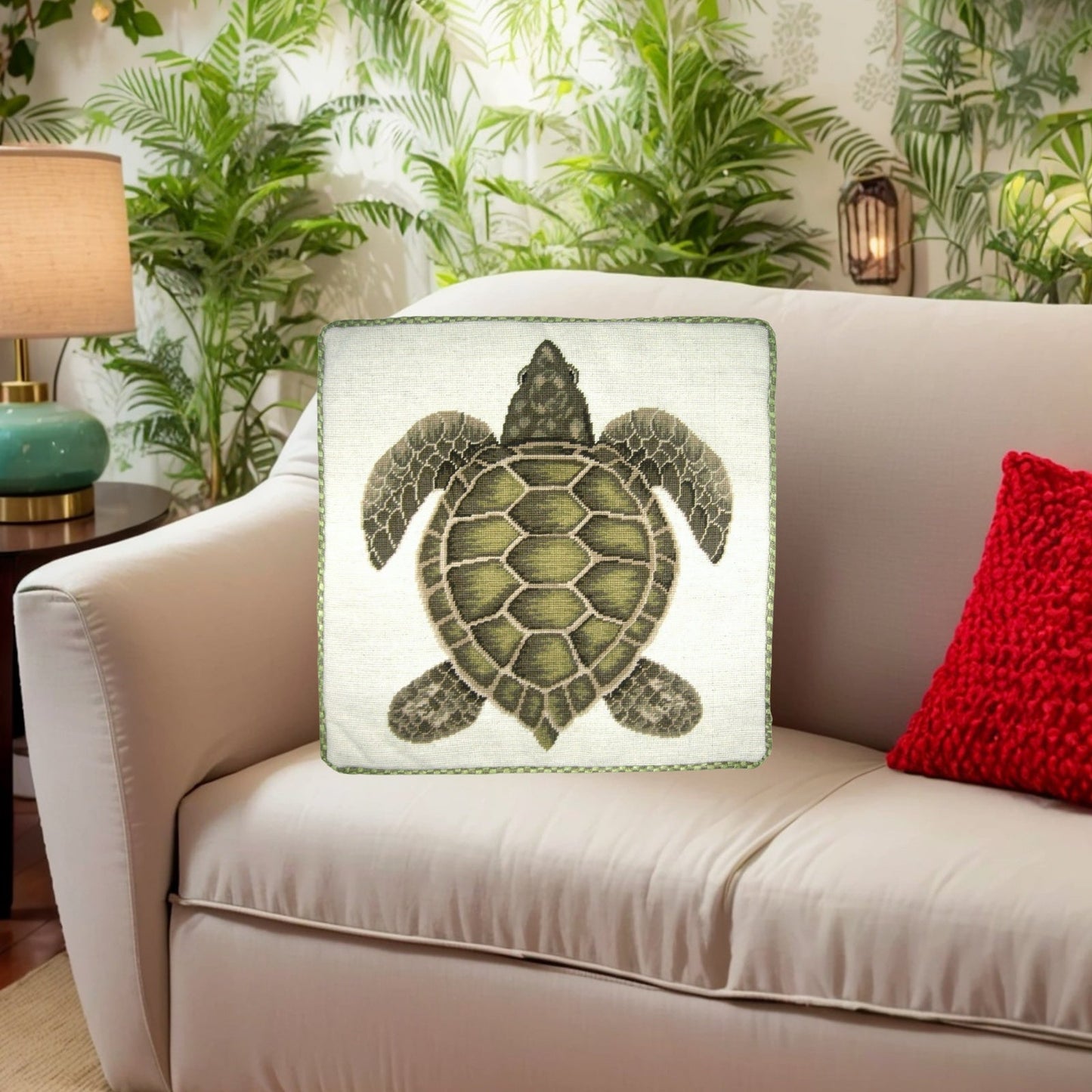 Handmade Wool Needlepoint Pillow Cover - Decorative Throw Cushion Cover - Vintage Floral Embroidery Design green turtle with cording
