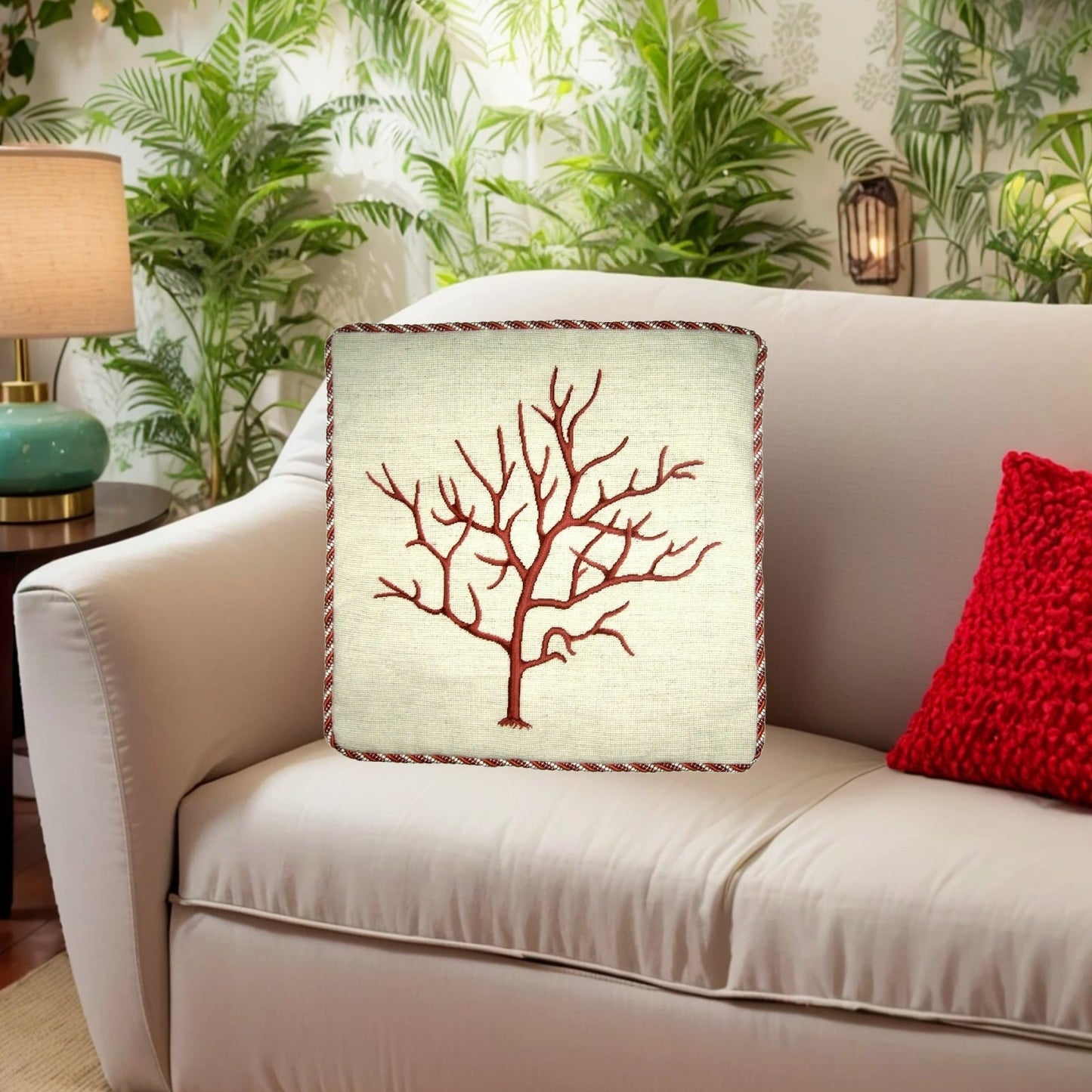 Handmade Wool Needlepoint Pillow Cover - Decorative Throw Cushion Cover - Vintage Floral Embroidery Design red small coral with cording