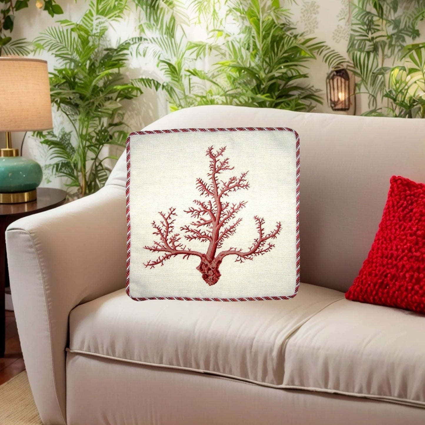 Handmade Wool Needlepoint Pillow Cover - Decorative Throw Cushion Cover - Vintage Floral Embroidery Design red large coral with cording