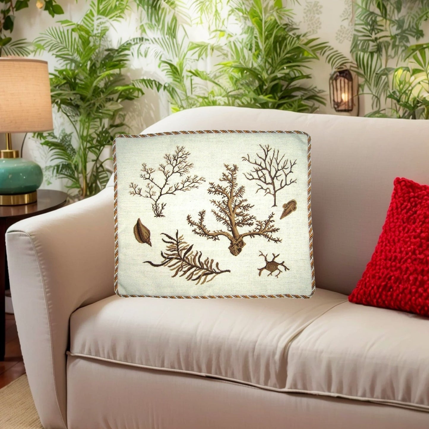 Handmade Wool Needlepoint Pillow Cover - Decorative Throw Cushion Cover - Vintage Floral Embroidery Design group seaweeds center brown coral with cording