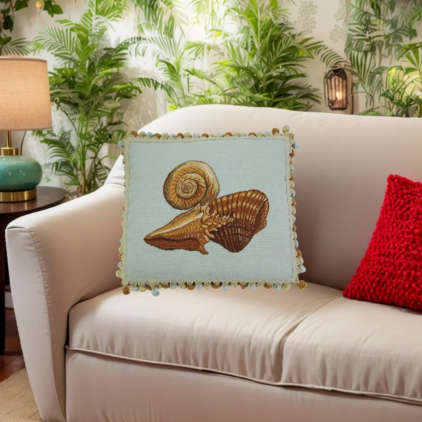 Handmade Wool Needlepoint Pillow Cover - Decorative Throw Cushion Cover - Vintage Floral Embroidery Design blue background fan shell and other sea shells with tassels