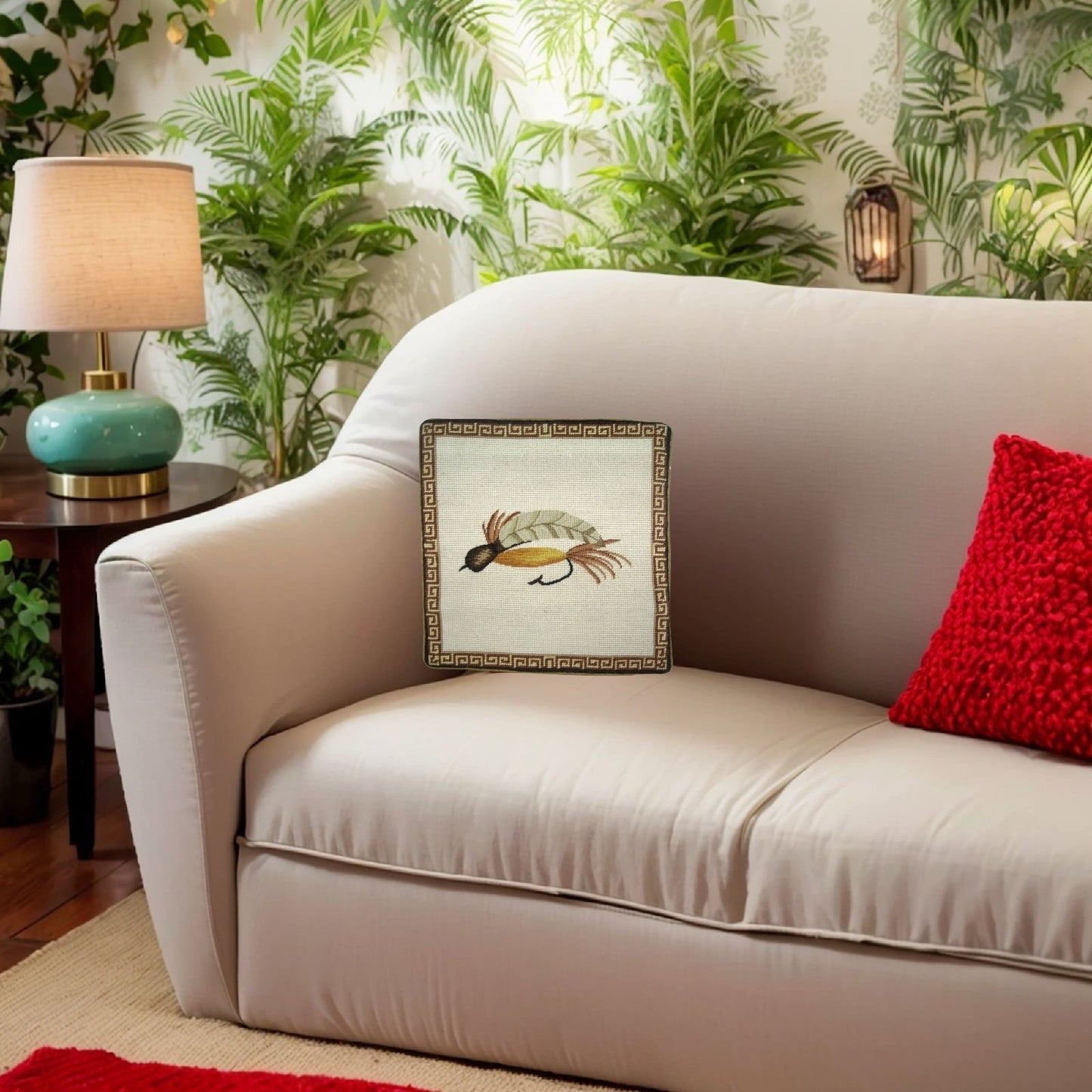 Handmade Wool Needlepoint Pillow Cover - Decorative Throw Cushion Cover - Vintage Floral Embroidery Design Fienst white feather fish-hook