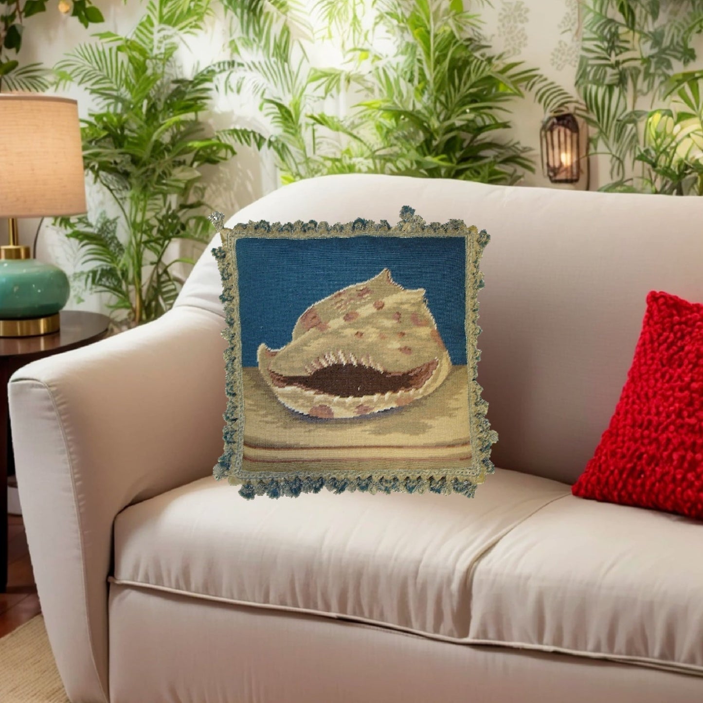 Handmade Wool Needlepoint Pillow Cover - Decorative Throw Cushion Cover - Vintage Floral Embroidery Design sea sprialshell with 2 color tassel