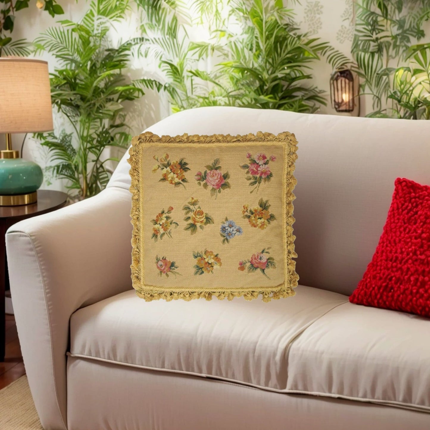 Handmade Wool Needlepoint Pillow Cover - Decorative Throw Cushion Cover - Vintage Floral Embroidery Design roses background