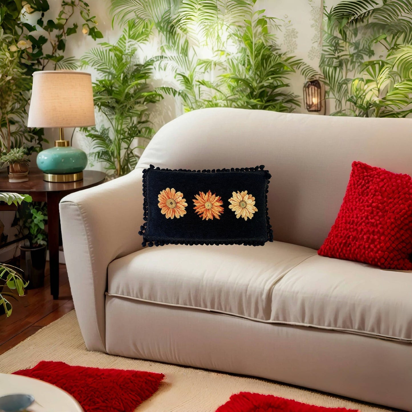 Handmade Wool Needlepoint Pillow Cover - Decorative Throw Cushion Cover - Vintage Floral Embroidery Design3 daisies black background back tassel