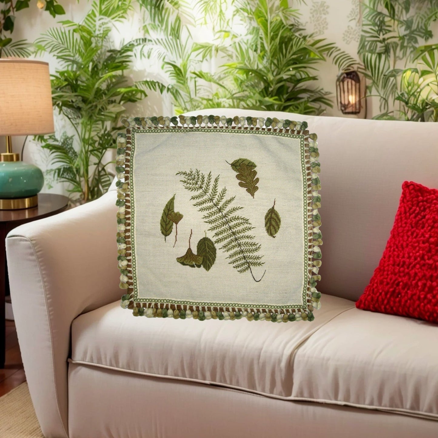 Handmade Wool Needlepoint Pillow Cover - Decorative Throw Cushion Cover - Vintage Floral Embroidery Design fern, leaves with 3 color tassels