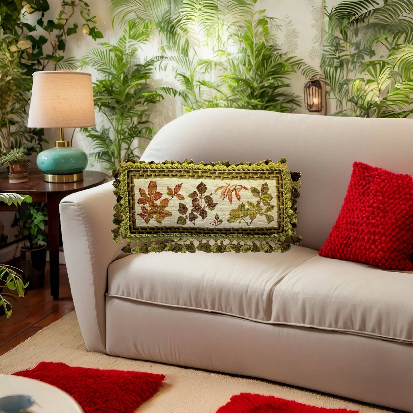 Handmade Wool Needlepoint Pillow Cover - Decorative Throw Cushion Cover - Vintage Floral Embroidery Design leaves with brown bamboo frame 3 color tassels 1