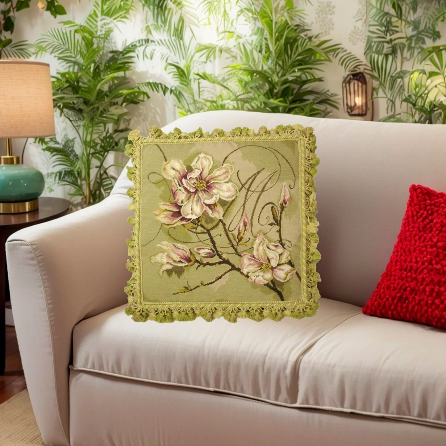 Handmade Wool Needlepoint Pillow Cover - Decorative Throw Cushion Cover - Vintage Floral Embroidery Design Kathryn White designMagnolia Trumeau with tassel