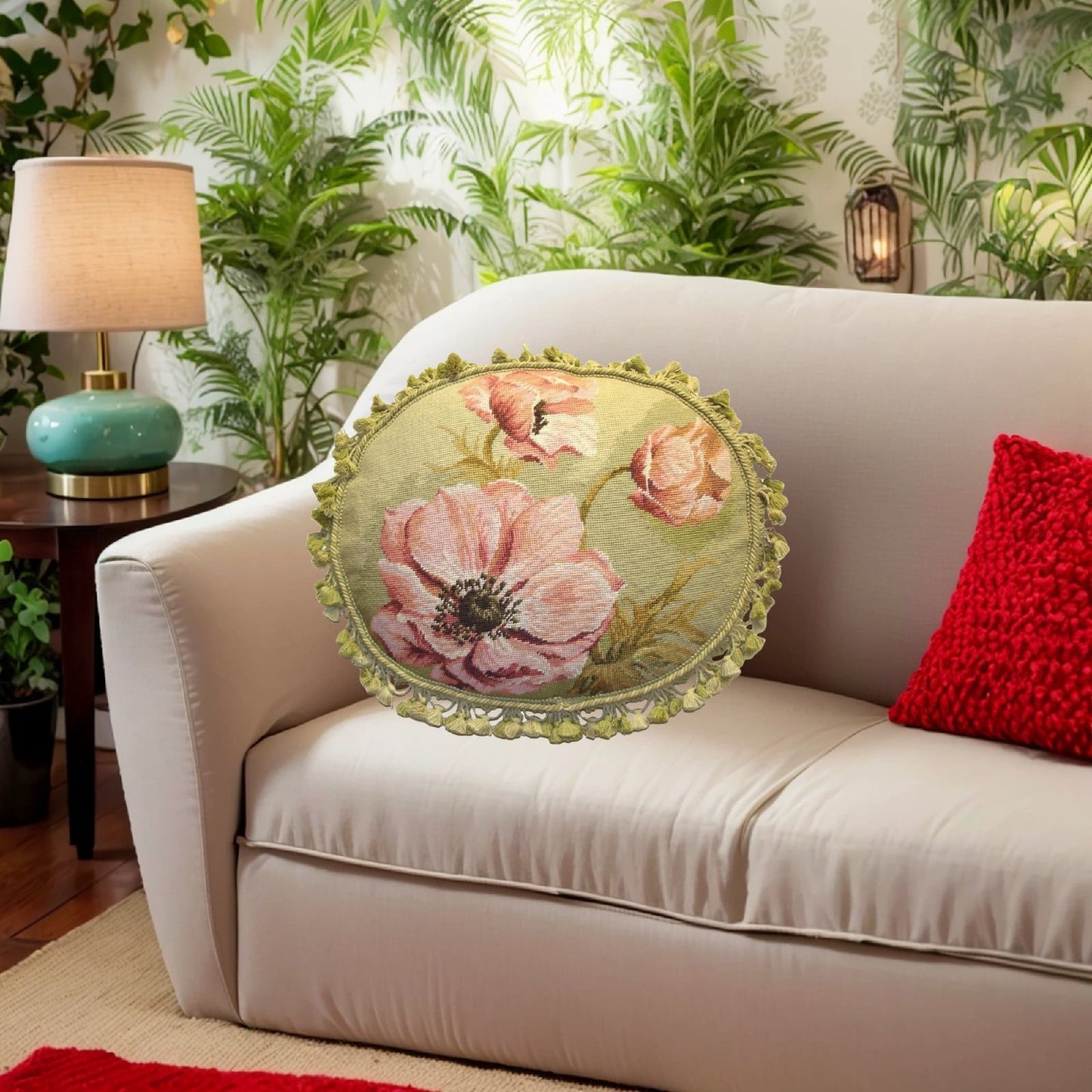 Handmade Wool Needlepoint Pillow Cover - Decorative Throw Cushion Cover - Vintage Floral Embroidery Design Kathryn White designPink Magnolia with 3 color tassels