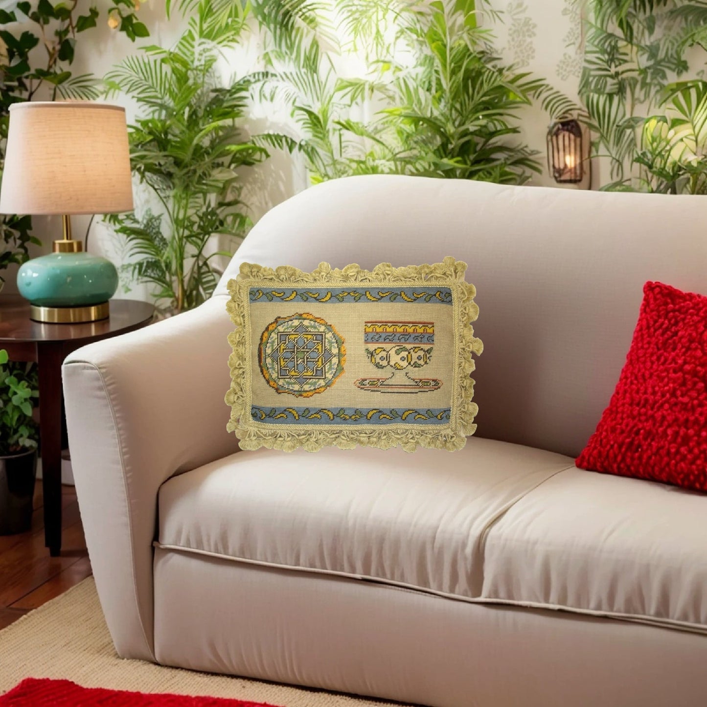 Handmade Wool Needlepoint Pillow Cover - Decorative Throw Cushion Cover - Vintage Floral Embroidery Design French antique tea cup set with tassels