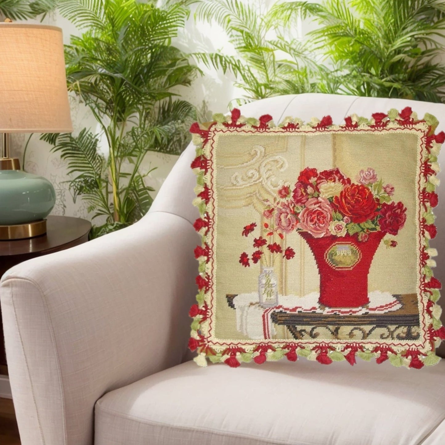 Handmade Wool Needlepoint Pillow Cover - Decorative Throw Cushion Cover - Vintage Floral Embroidery Design Kathryn White Design b