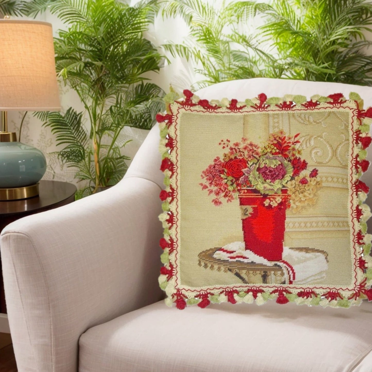 Handmade Wool Needlepoint Pillow Cover - Decorative Throw Cushion Cover - Vintage Floral Embroidery Design Kathryn White Design c