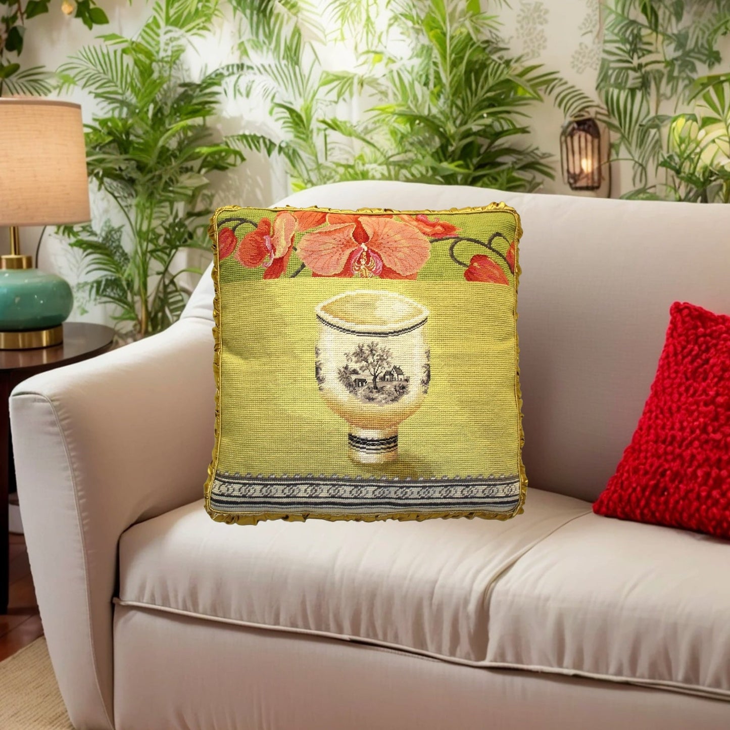 Handmade Wool Needlepoint Pillow Cover - Decorative Throw Cushion Cover - Vintage Floral Embroidery Design Kathryn White Design L