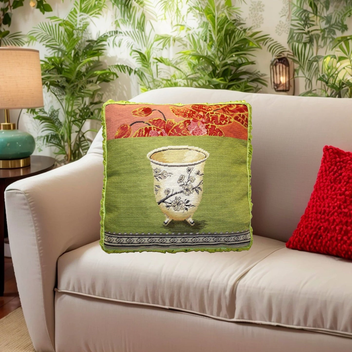 Handmade Wool Needlepoint Pillow Cover - Decorative Throw Cushion Cover - Vintage Floral Embroidery Design Kathryn White Design M