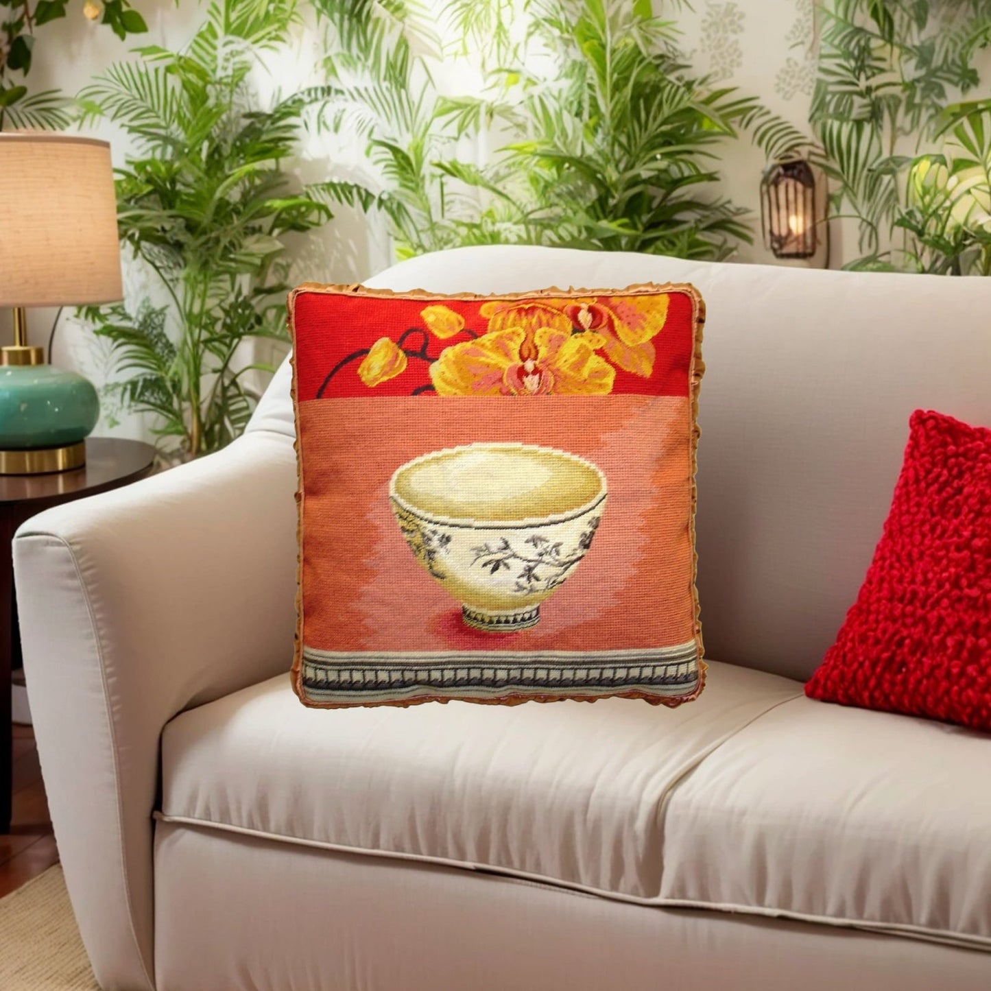 Handmade Wool Needlepoint Pillow Cover - Decorative Throw Cushion Cover - Vintage Floral Embroidery Design Kathryn White Design N