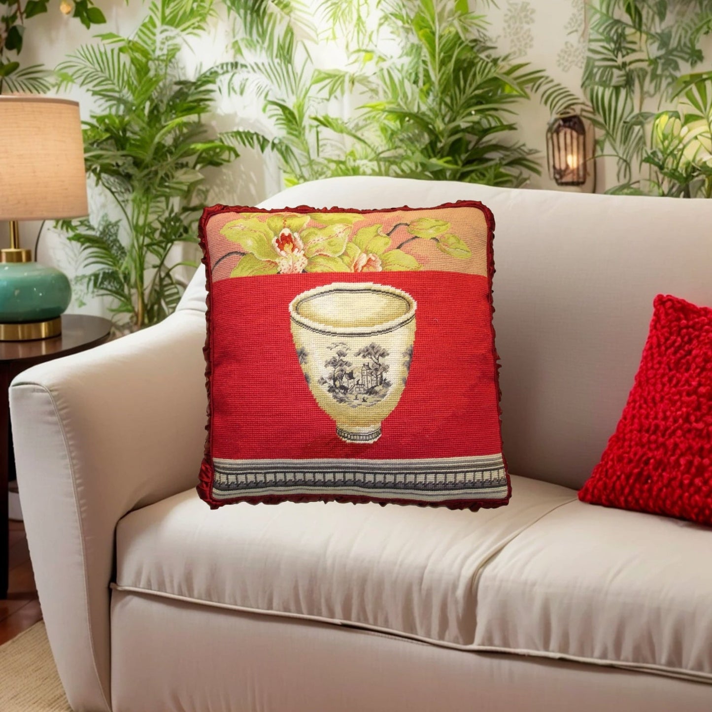 Handmade Wool Needlepoint Pillow Cover - Decorative Throw Cushion Cover - Vintage Floral Embroidery Design Kathryn White Design O