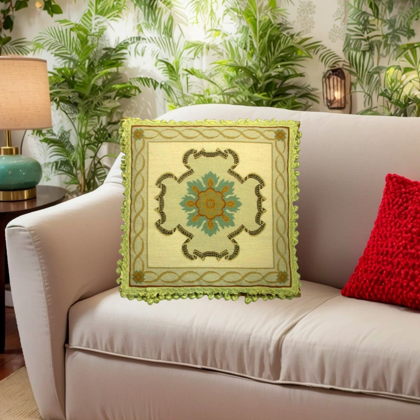 Handmade Wool Needlepoint Pillow Cover - Decorative Throw Cushion Cover - Vintage Floral Embroidery Design medallion center with tassels