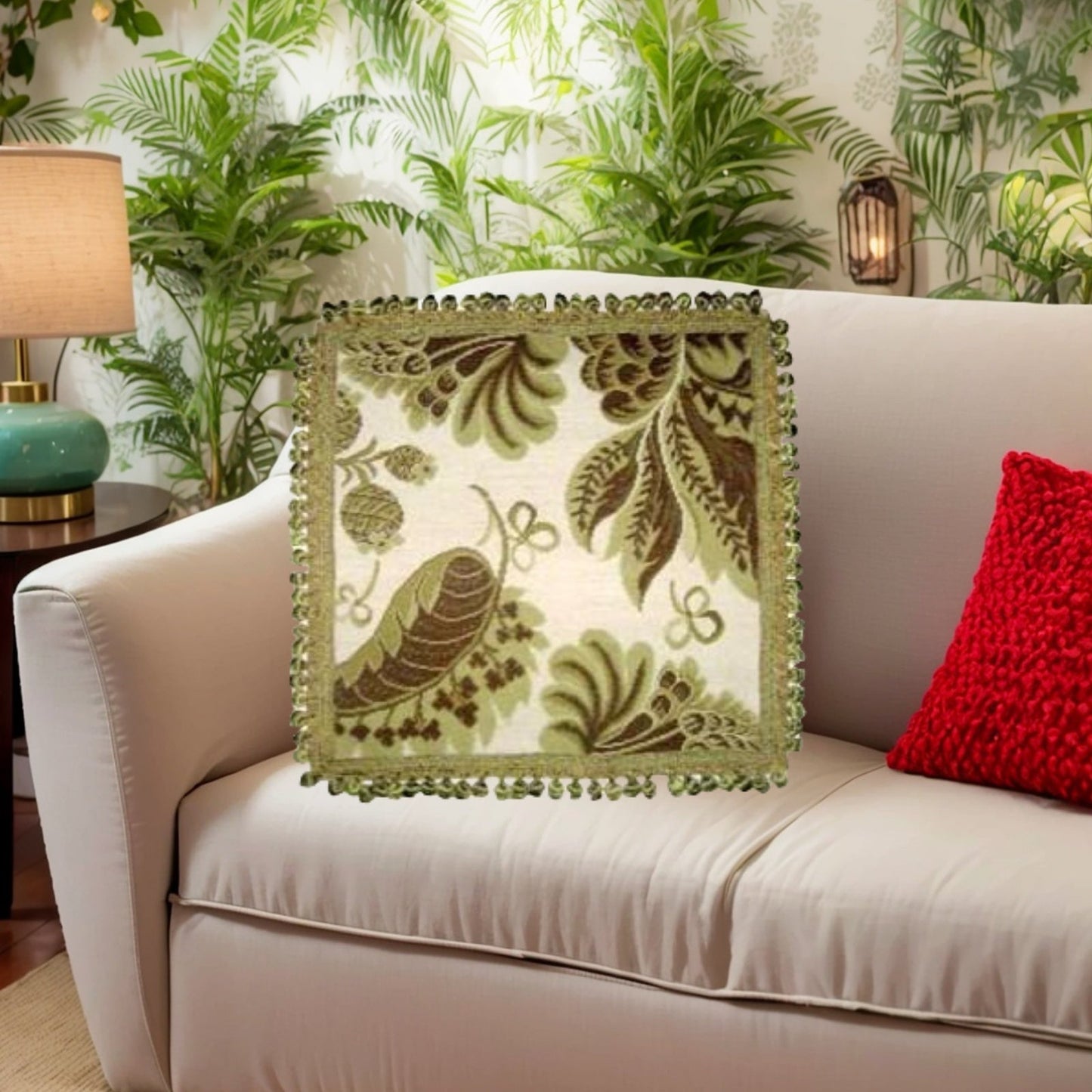 Handmade Wool Needlepoint Pillow Cover - Decorative Throw Cushion Cover - Vintage Floral Embroidery Design olive-brown tropical leaves with tassels