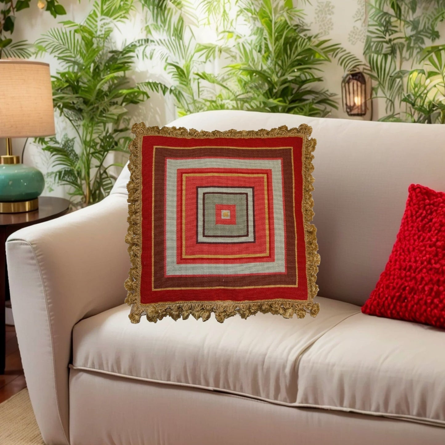 Handmade Wool Needlepoint Pillow Cover - Decorative Throw Cushion Cover - Vintage Floral Embroidery Design square in red, brown, green with golden tassels