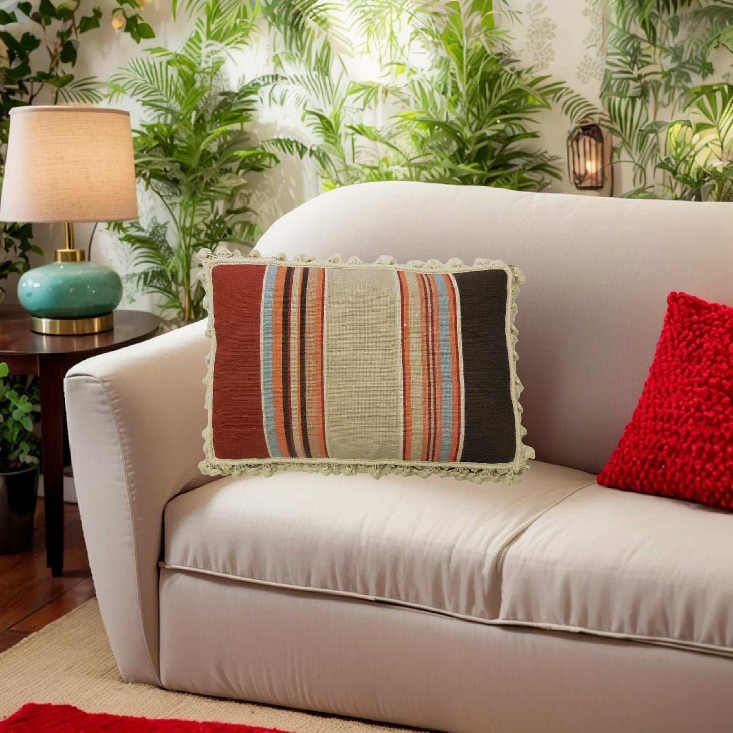 Handmade Wool Needlepoint Pillow Cover - Decorative Throw Cushion Cover - Vintage Floral Embroidery Design strips in red, blue, brown, sand, orange with tassels