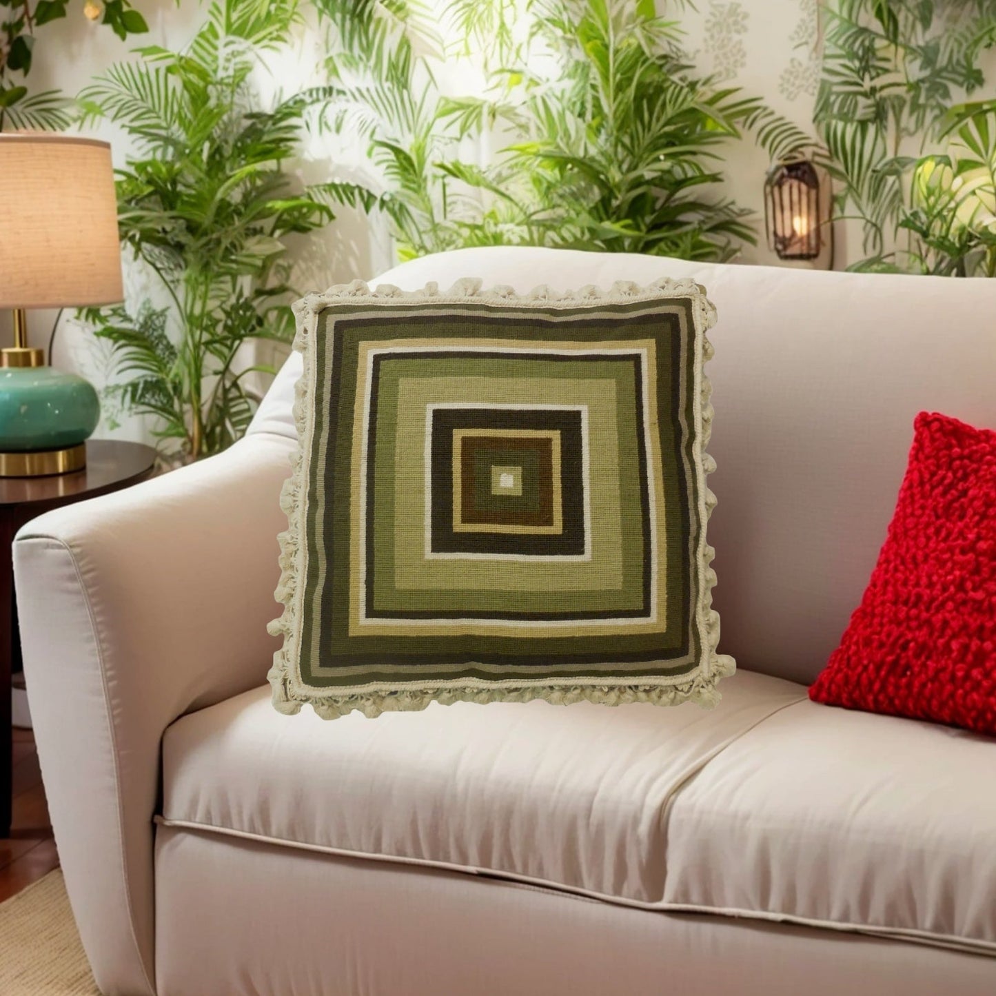 Handmade Wool Needlepoint Pillow Cover - Decorative Throw Cushion Cover - Vintage Floral Embroidery Design square in green/brown/ivory/yellow with tassels