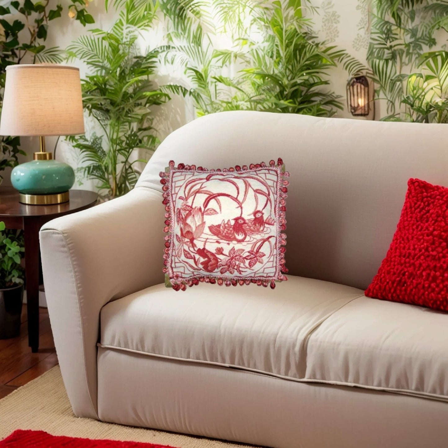 Handmade Wool Needlepoint Pillow Cover - Decorative Throw Cushion Cover - Vintage Floral Embroidery Design red Mandarin Ducks lotus flower with tassels