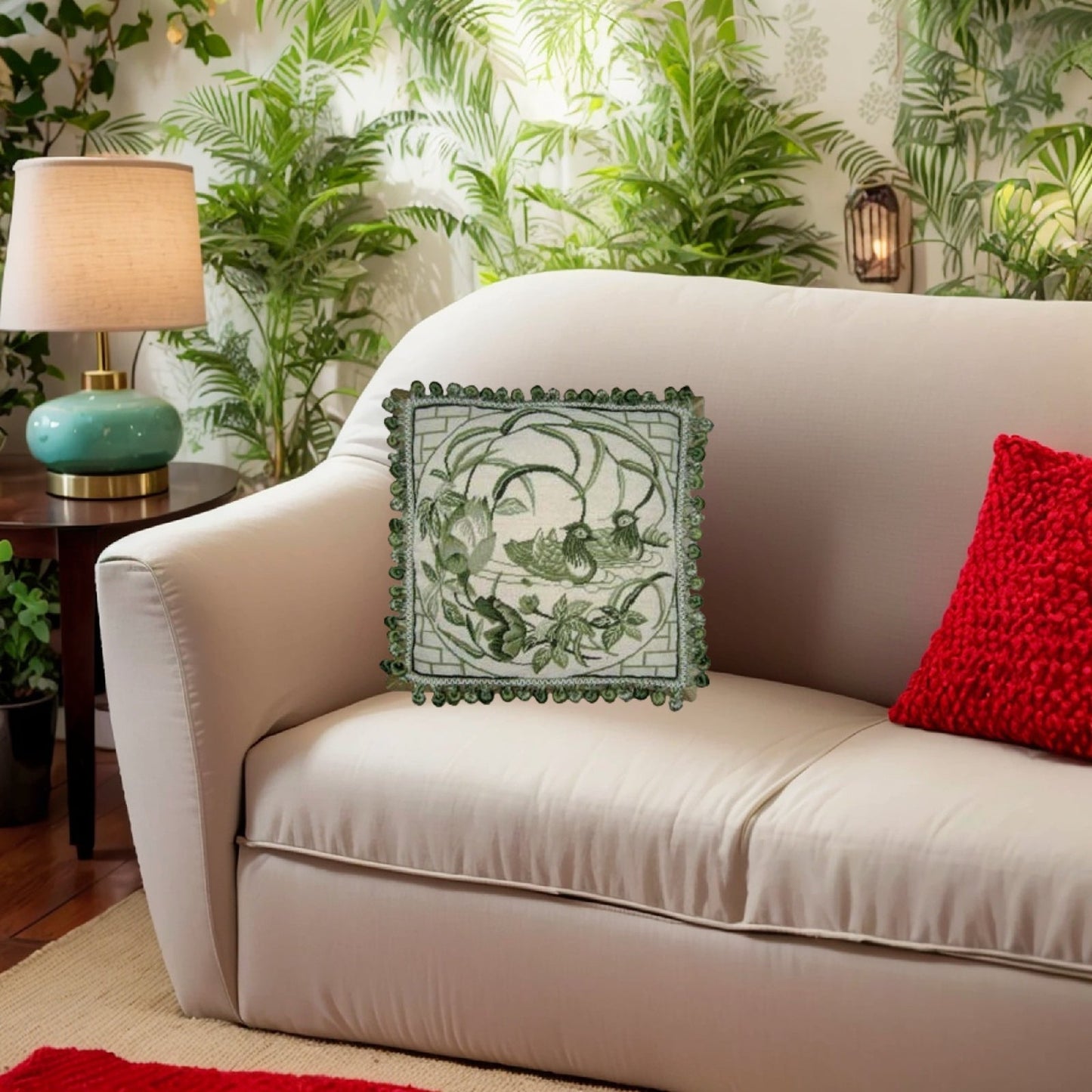 Handmade Wool Needlepoint Pillow Cover - Decorative Throw Cushion Cover - Vintage Floral Embroidery Design green Manderain Ducks lotus flower with tassels