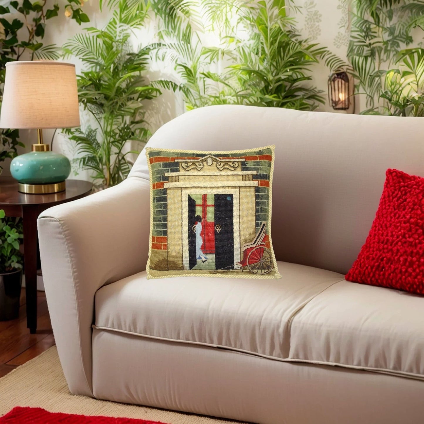 Handmade Wool Needlepoint Pillow Cover - Decorative Throw Cushion Cover - Vintage Floral Embroidery Design Shanghai ShiKuMen with cording II