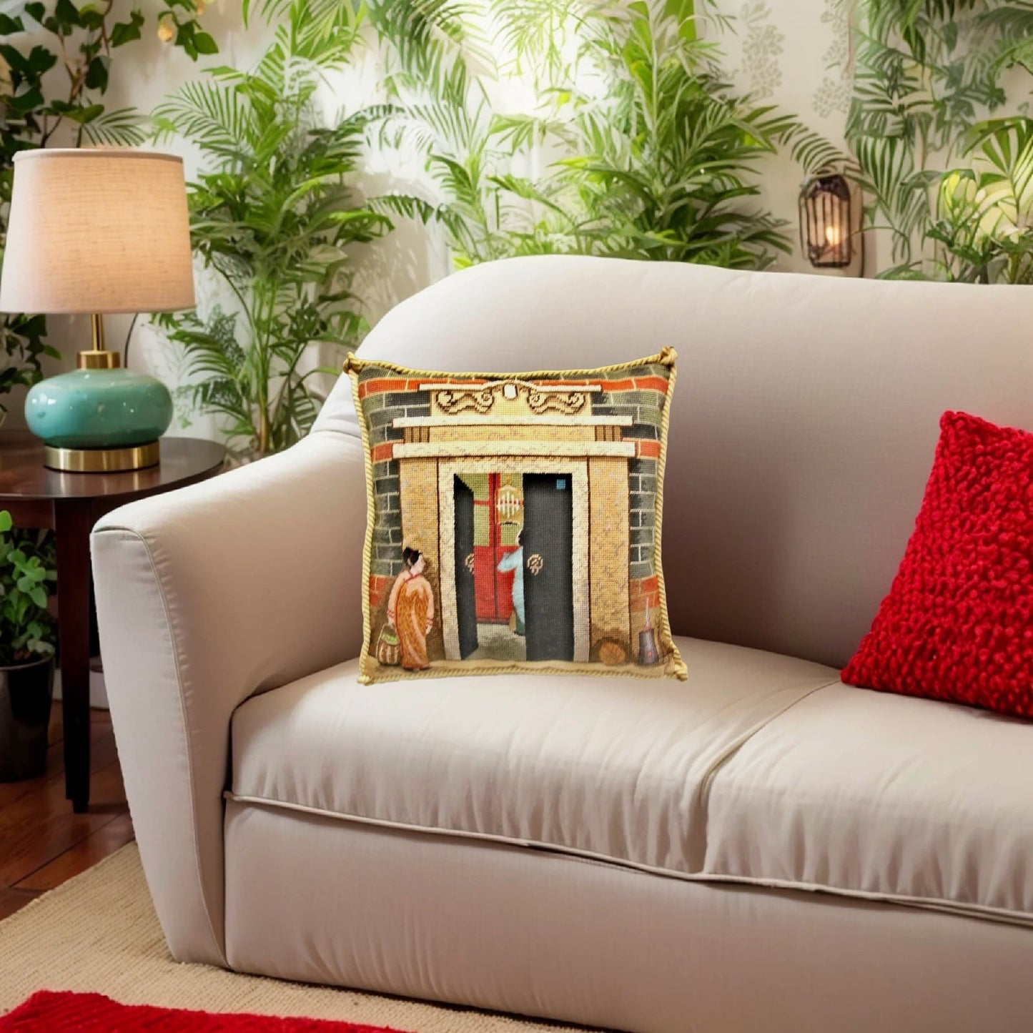 Handmade Wool Needlepoint Pillow Cover - Decorative Throw Cushion Cover - Vintage Floral Embroidery Design Shanghai ShiKuMen with cording