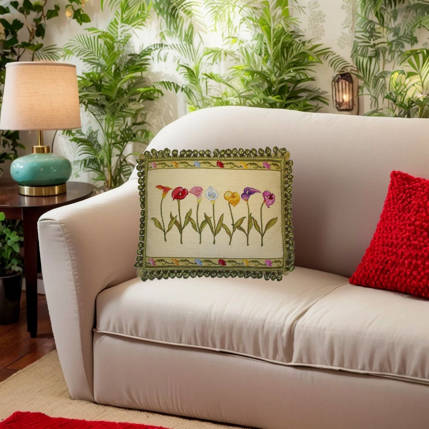 Handmade Wool Needlepoint Pillow Cover - Decorative Throw Cushion Cover - Vintage Floral Embroidery Design with 2 color tassel I