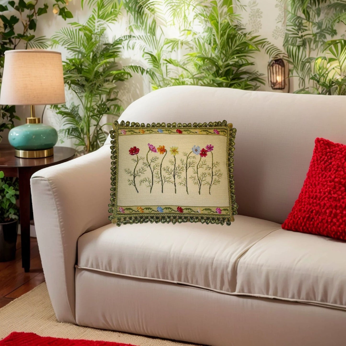 Handmade Wool Needlepoint Pillow Cover - Decorative Throw Cushion Cover - Vintage Floral Embroidery Design with 2 color tassel II