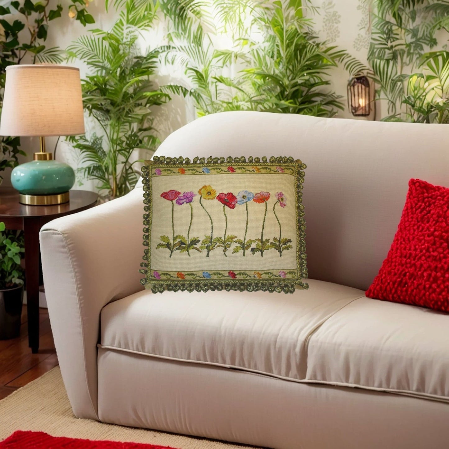 Handmade Wool Needlepoint Pillow Cover - Decorative Throw Cushion Cover - Vintage Floral Embroidery Design with 2 color tassel