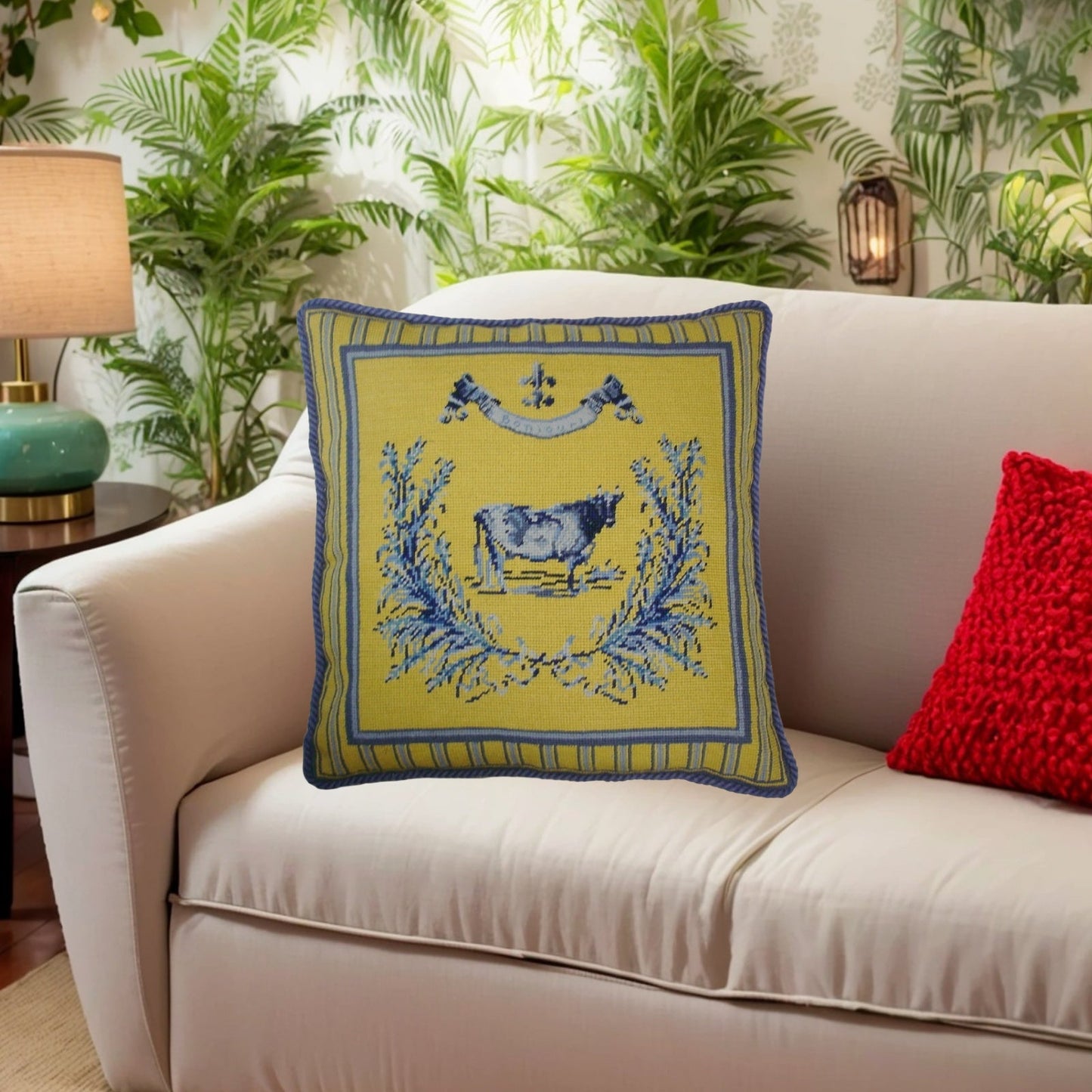 Handmade Wool Needlepoint Pillow Cover - Decorative Throw Cushion Cover - Vintage Floral Embroidery Design yellow/blue cow with cording