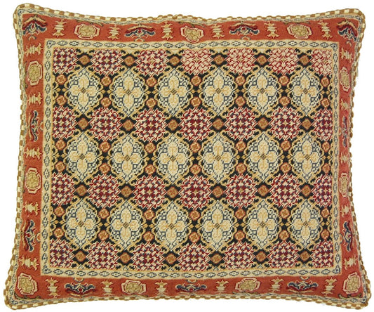 Needlepoint Hand-Embroidered Wool Throw Pillow Exquisite Home Designs mossy design mauve/navy with check cording