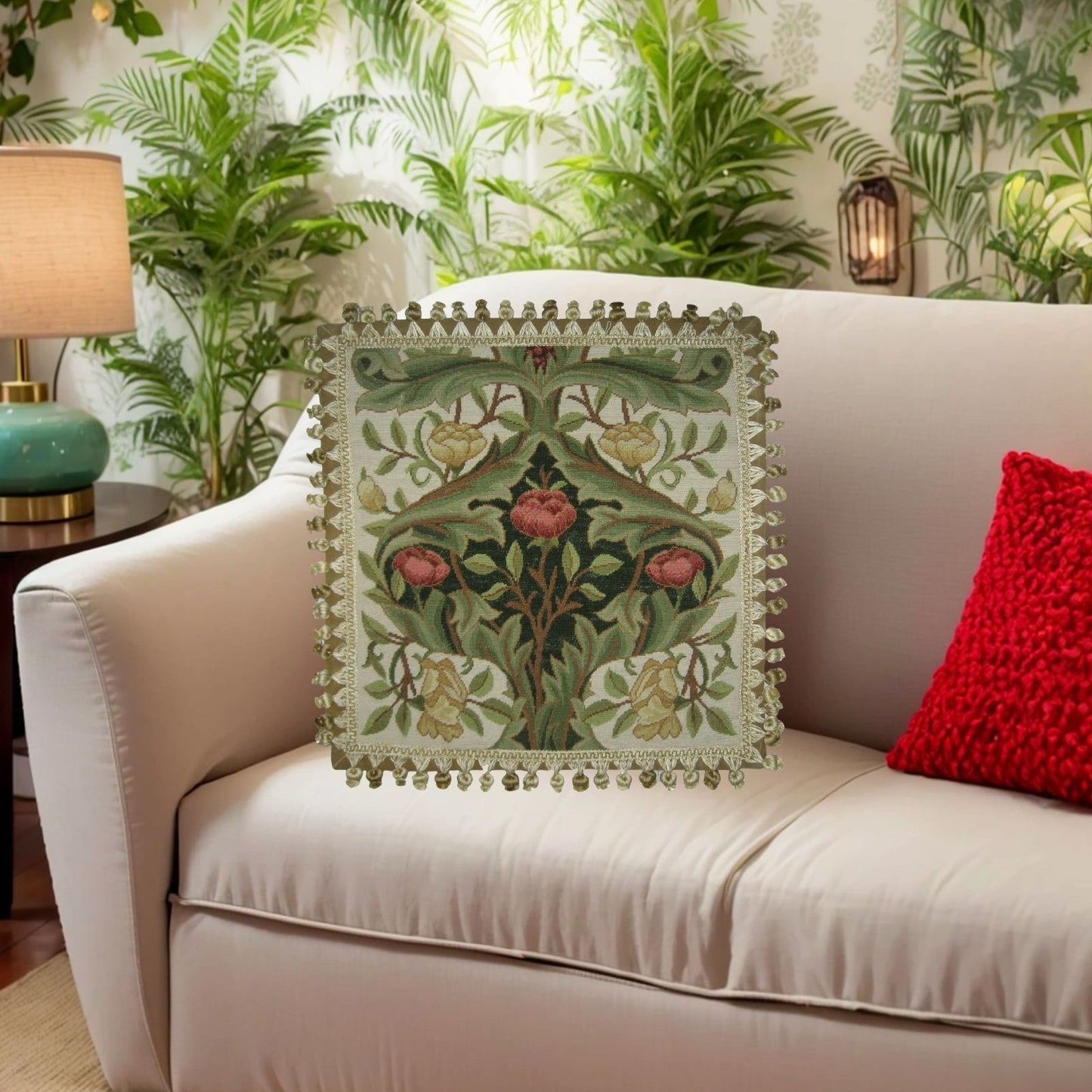 Handmade Wool Needlepoint Pillow Cover - Decorative Throw Cushion Cover - Vintage Floral Embroidery Design old roses dark green center with tassels