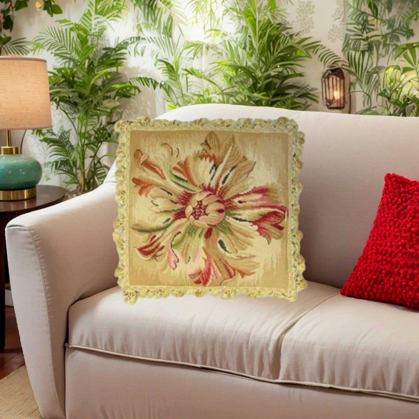 Handmade Wool Needlepoint Pillow Cover - Decorative Throw Cushion Cover - Vintage Floral Embroidery Design Corn Flower center with tassel