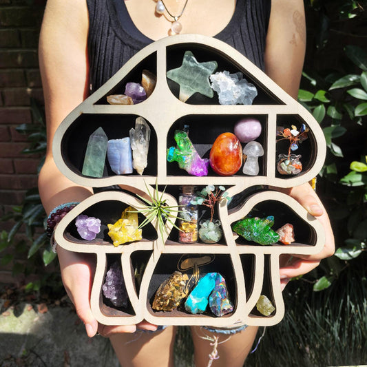 Handmade Mushroom-Shaped Crystal Display Shelf | Wooden Mushroom Wall Hanging | Unique Boho Home Décor for Gemstone Lovers