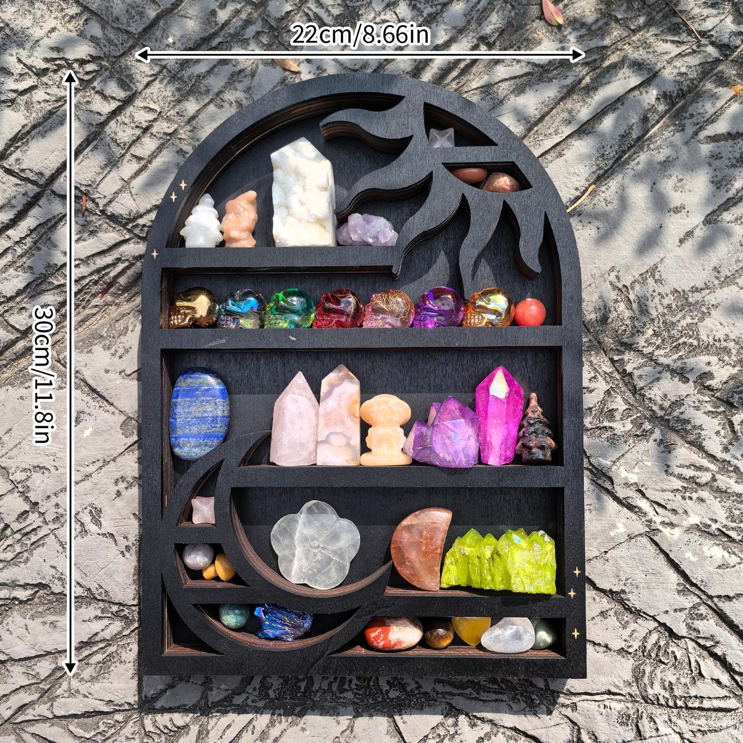 Sun & Moon Crystal Shelf – Wooden Celestial Display Shelf, Witchy Altar Decor, Gothic Home Storage, Spiritual Boho Wall Art