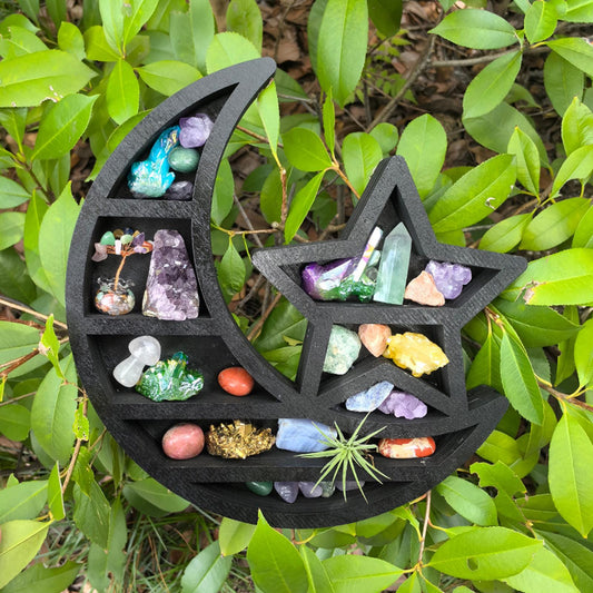 Moon and Star Crystal Shelf – Wooden Celestial Display, Witchy Altar Decor, Boho Astrology Wall Art, Spiritual Crystal Storage