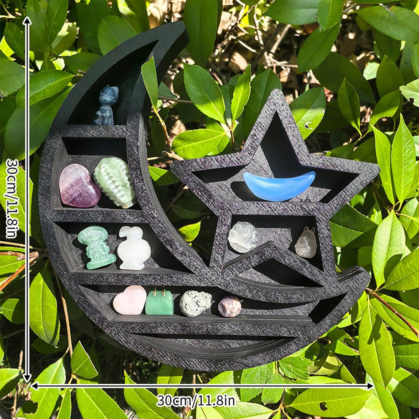 Moon and Star Crystal Shelf – Wooden Celestial Display, Witchy Altar Decor, Boho Astrology Wall Art, Spiritual Crystal Storage