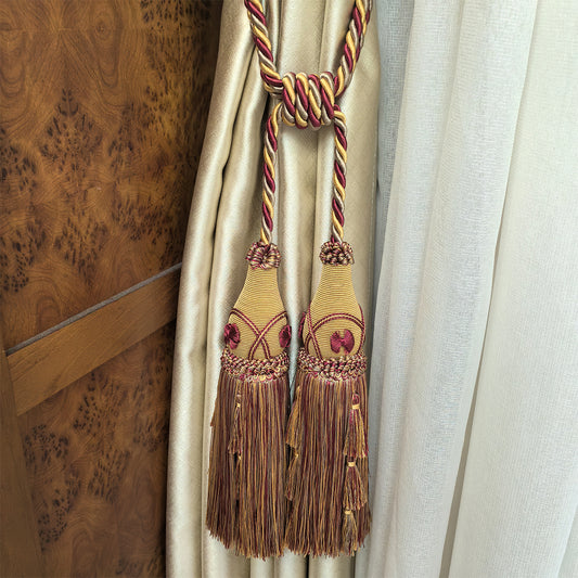 2 Packs Vintage Gold & Burgundy Double Tassel Curtain Tieback, 30 in – Handcrafted Decorative Rope Holdback for Drapes and Classic Home Décor  E2556