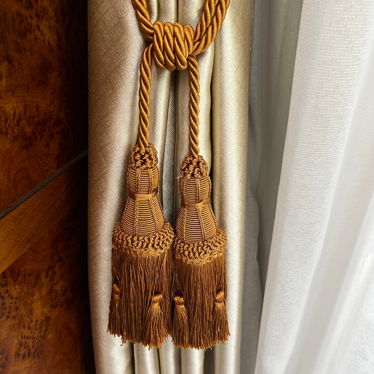 2 Pack Luxury Double Tassel Curtain Tieback, 27 in Total Length – Handcrafted Decorative Rope Holdback for Drapes, Curtains, and Home Décor E97187